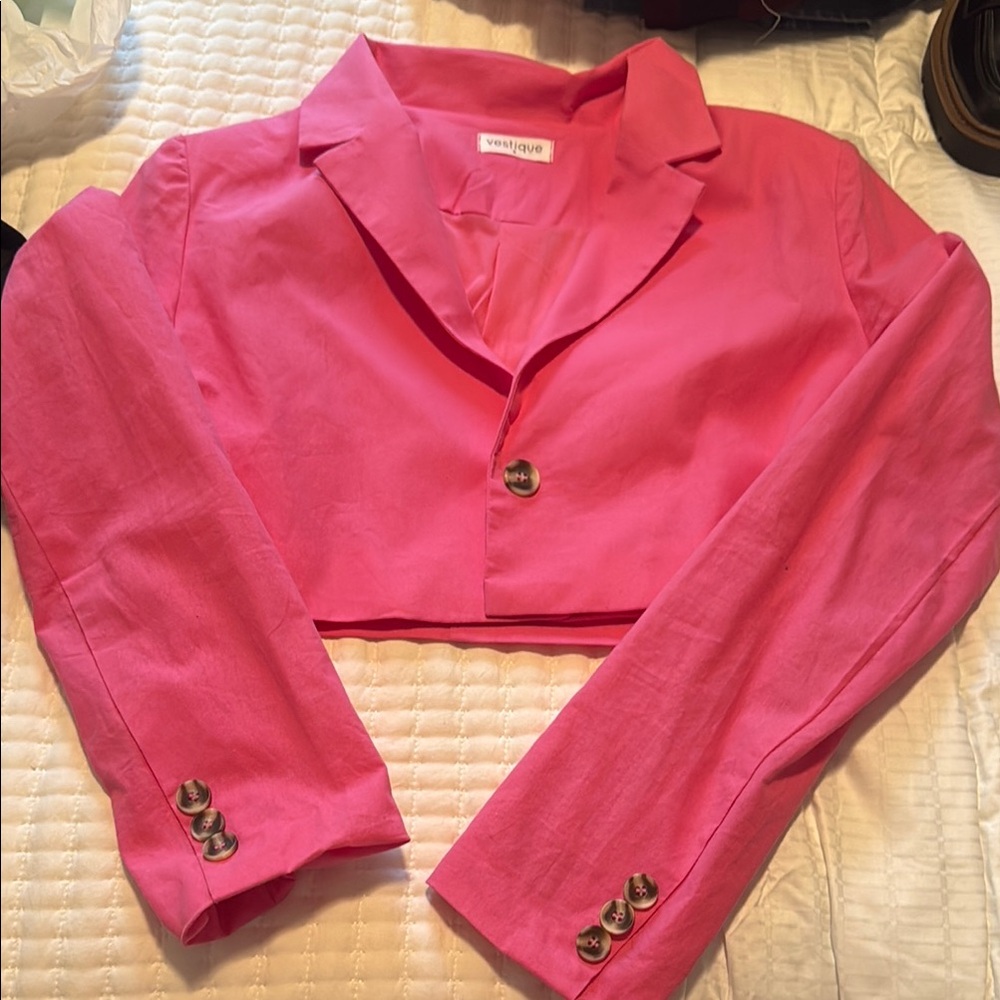 Pink Cropped Blazer with Button Details